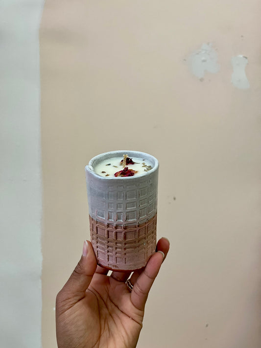 Hand Built Ceramic Geranium Lavender Candle