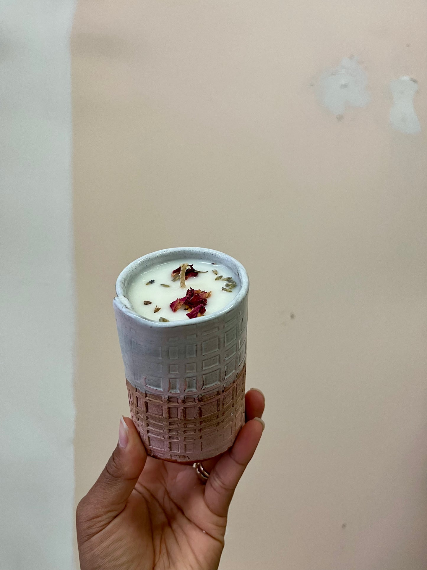 Hand Built Ceramic Geranium Lavender Candle